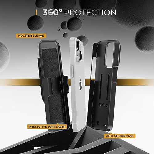 MOTIVE for iPhone 15 Case with Belt Clip, Rigid, Kickstand | 6.1" | Ranger v1 Series, Black, 360° holster, open-top/open-bottom port access, textured grip, slim - size: iPhone 15