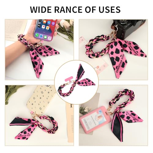 Phone Wrist Strap with Gold Metal Scarf and Universal Tether Tab, Aesthetic Print Design Ribbon Chain, Multi-Purpose Accessories for Bag Key Cellphone for Men Women Girls-Hot Pink Leopard - color: Hot Pink Leopard