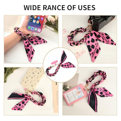 Phone Wrist Strap with Gold Metal Scarf and Universal Tether Tab, Aesthetic Print Design Ribbon Chain, Multi-Purpose Accessories for Bag Key Cellphone for Men Women Girls-Hot Pink Leopard - color: Hot Pink Leopard