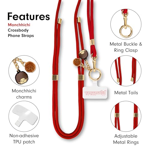 Sonix x Monchhichi | Crossbody Phone Strap with Charms | Adjustable, Universal Cell Phone Rope Strap Lanyard | Red Cord | Monchhichi - color: Monchhichi