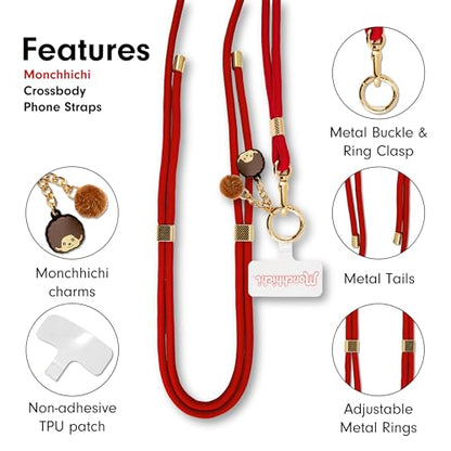 Sonix x Monchhichi | Crossbody Phone Strap with Charms | Adjustable, Universal Cell Phone Rope Strap Lanyard | Red Cord | Monchhichi - color: Monchhichi