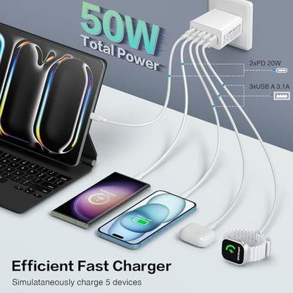 2-Pack USB C Wall Charger, 50W 5-Port USB C Charger Block Fast Charging - color: 2-Pack White