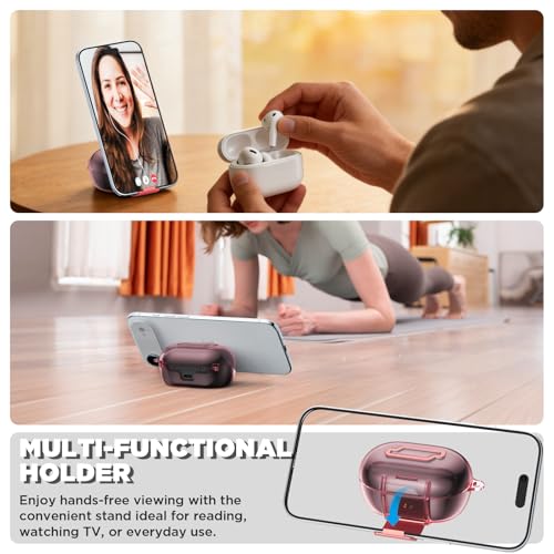 for Bose New QuietComfort Earbuds Case (2024), TPU Protective Cover with Phone Holder Stand & Double Safety Lock, Supports Wireless Charging, Includes Carabiner and Cleaning Pen (Transparent Pink) - color: Transparent Pink