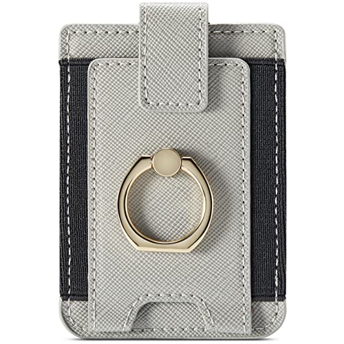 Phone Card Holder with Ring Grip for Back of Phone,Adhesive Stick-on Credit Card Wallet Pocket for iPhone,Android and Smartphones (Gray) - color: Gray