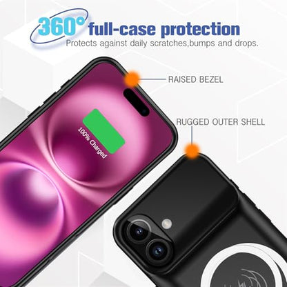 Battery Case for iPhone 16,Full Encircle 10000mAh High Capacity Rechargeable Portable Charger Case Extended Battery Pack Compatible with iPhone 16 (6.1 inch) Wireless Charging Cover with Carplay-Black - size: iPhone 16 (6.1 inch)