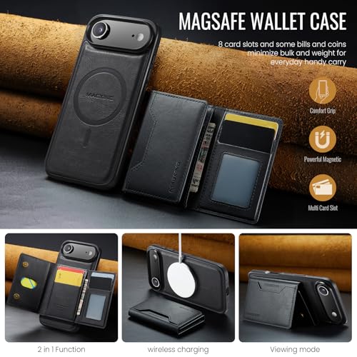 K2 2 in 1 Detachable Magnetic Phone Cases Compatible with iPhone Air / 17 Air Case with Card Holder RFID Blocking , Compatible with Magsafe Wallet, Leather 6.5'' (Black, iPhone Air) - color: Black, size: iPhone Air