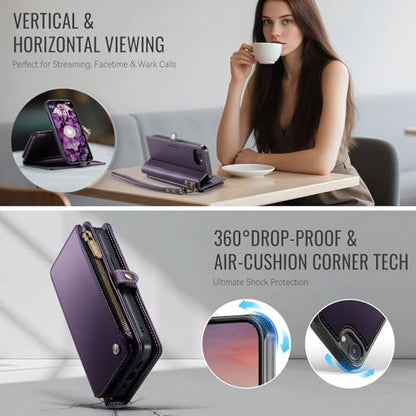 Defencase for iPhone 17e/16e Case Wallet Compatible with Magsafe, Purple | Drop-Proof Magnetic Detachable Phone Cases Cover, with RFID Bolcking Card Holder, Zipper Strap, PU Leather, Removable Wallet - color: (Detachable with Magsafe)-Purple
