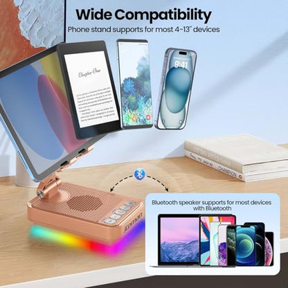 JTEMAN Gifts for Men Women Phone Stand Bluetooth Speaker with Light and Charging Function, 360 Rotating Phone Holder Cool Tech Mom Dad Gifts Husband Unique Birthday Gift Ideas - Rose Gold - color: Rose Gold