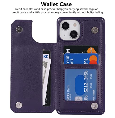 iCoverCase Compatible with iPhone 14 Wallet Phone Case with Card Holder for Women, RFID Blocking Embossed PU Leather Wrist Strap Case 6.1 Inch (Heart Dark Purple) - color: H-Dark Purple