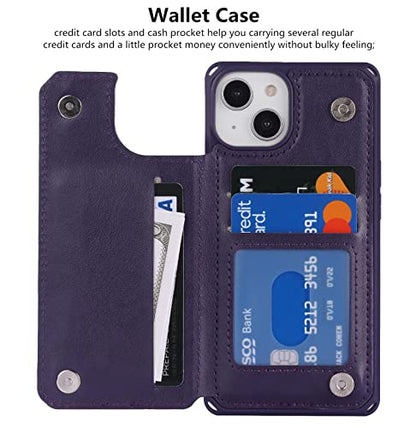 iCoverCase Compatible with iPhone 14 Wallet Phone Case with Card Holder for Women, RFID Blocking Embossed PU Leather Wrist Strap Case 6.1 Inch (Heart Dark Purple) - color: H-Dark Purple