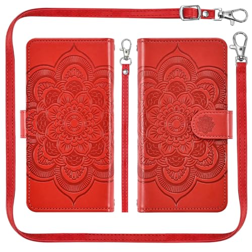 Asuwish Phone Case for Samsung Galaxy S22 5G Zipper Wallet Detachable Cell Cover with Tempered Glass Screen Protector Crossbody Lanyard Strap Flower Card Holder S 22 22S 4G G5 6.1 inch Women Girls Red - color: Red