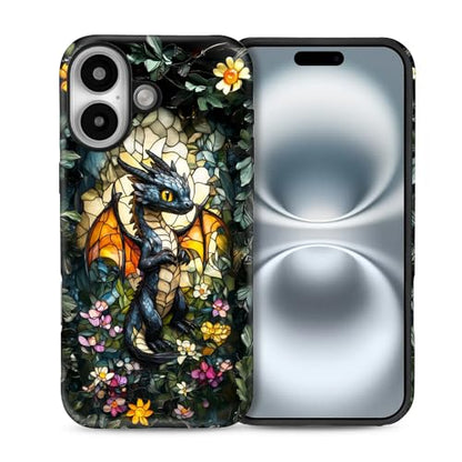 Case for iPhone 16,Drop Protection Hybrid 2-Layer Hard Phone Cover-Stained Glass Black Dragon - color: Stained Glass Black Dragon, size: iPhone 16