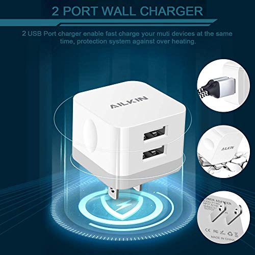 2Pack USB Wall Charger Plug, AILKIN 2.4A Dual Port USB Adapter Power Cube - color: White, style: 2Pack USB Wall Chargers