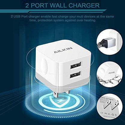 2Pack USB Wall Charger Plug, AILKIN 2.4A Dual Port USB Adapter Power Cube - color: White, style: 2Pack USB Wall Chargers