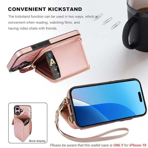 Bocasal Crossbody Wallet Case Card Holder for iPhone 16, Rose Gold | RFID Blocking PU Leather Zipper Handbag Purse, Kickstand Flip Folio Case with Card Slots Holder Wrist Strap Lanyard 6.1 Inch - color: Rose Gold