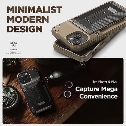 VRS DESIGN Damda Glide Hybrid Phone Case Designed for iPhone 15 Plus (2023), Functional Sturdy Wallet Card Holder Kickstand Case Compatible with iPhone 15 Plus (Khaki) - color: Khaki, size: iPhone 15 Plus