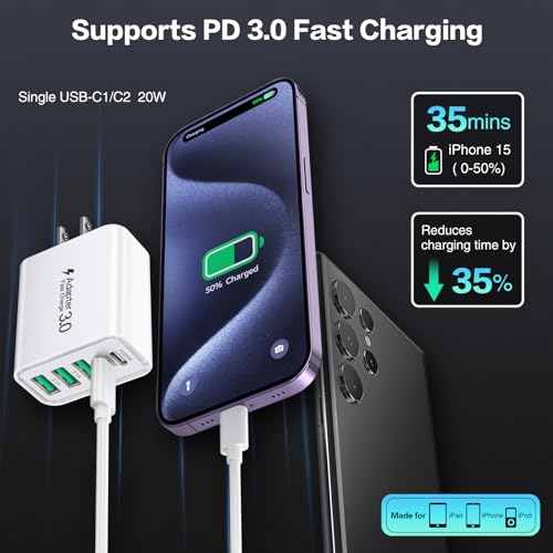 2-Pack USB C Wall Charger, 50W 5-Port USB C Charger Block Fast Charging - color: 2-Pack White