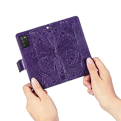 Wallet Case for Samsung Galaxy A03s with Card Holder Purple | PU Leather Flip Phone Cover,Wrist Strap,Woman Man Purse,Emboss Butterfly,Stand,Shockproof TPU,Magnetic Closure - color: B Purple