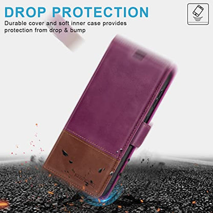 KEZiHOME Case for Galaxy S23 5G, Genuine Leather [RFID Blocking] Wallet Case Magnetic Folio Flip with Card Slots Kickstand Phone Cover Compatible with Galaxy S23 (2023) (Purple/Brown)