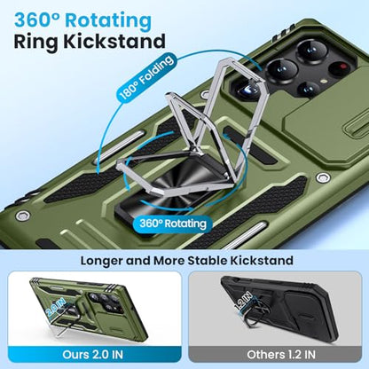 for Samsung Galaxy S22 Ultra Case with 2 PCS HD Screen Protector, Military Grade Protection Metal 360 ° Rotating Ring Kickstand Slide Camera Cover, Shockproof for Galaxy S22 Ultra Case, Olive Green | 2 PCS HD Screen Protector, Magnetic Metal 360 ° Rotatin