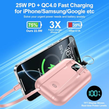 Magnetic Portable Charger 10000mAh Wireless Power Bank with Built-in Cables - color: pink