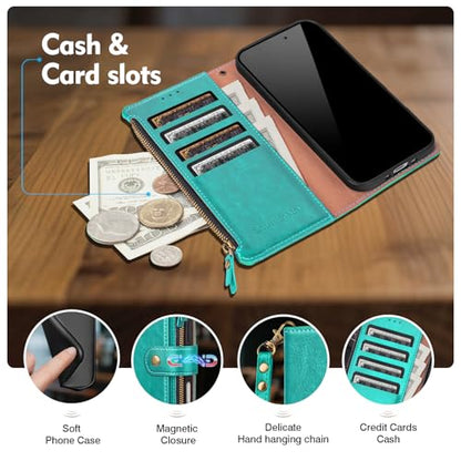 Compatible with iPhone 17e / 16e Wallet Case with Card Holder RFID Blocking Zipper Poket PU Leather Flip Phone Case with Wrist Strap Credit Card Slots Men Women,Blue Green - color: Blue Green