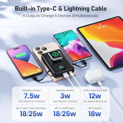 Ekrist Magnetic Portable Charger 10800mAh for MagSafe with Built-in Cable,iWatch Charger,Wireless Power Bank Travel Essentials,25W Fast Charging Battery Pack for iPhone 18/17/16/15,Apple Watch(Black) - color: Black