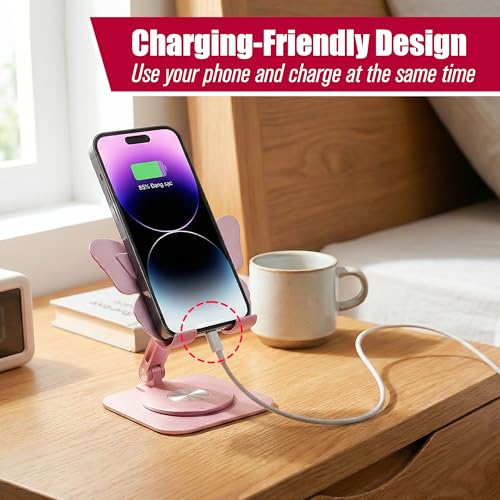 Butterfly Holder Fit for iPhone 17 16 15 14 13 12 11 Tablet iPad – Aluminum Alloy Folding Phone Kickstand with 360 Rotation, Desktop Home Stand Pink Stable Grip for All Smartphones Mobile Cell Phone