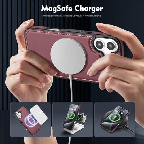 Shieldtop Compatible with MagSafe iPhone 16 Wallet Case,Wine Red | 2 in 1 Detachable Magnetic,Credit Card Holder Slots,RFID Blocking,PU Leather,Kickstand,Flip Folio Phone Cover for Men & Women - color: Wine Red, size: iPhone 16 6.1"