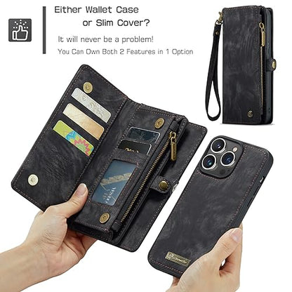 iPhone 15 Pro Wallet Case,iPhone 15 Pro Zipper Folio Leather Case Wallet with Card Holder,Strap Wristlet,Detachable Magnetic Protective Back Case for iPhone 15 Pro 5G 6.1 Inch (Black) - color: Black, size: iPhone 15 Pro 6.1"