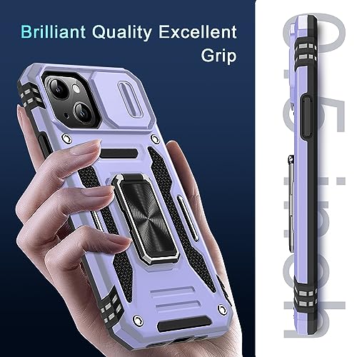 DEERLAMN Case for iPhone 13/iPhone 14 6.1-Inch with Slide Camera Cover+Screen Protector(2 Packs),Rotated Ring Kickstand Military Grade Shockproof Protective Cover-Light Purple - color: Light Purple