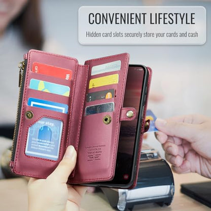 Asuwish Phone Case for Samsung Galaxy A17 5G Zipper Wallet Cover with Tempered Glass Screen Protector and Leather Flip RFID Blocking Credit Cash Card Holder Stand Cell A 17 17A 4G Women Girls Wine Red - color: Wine Red