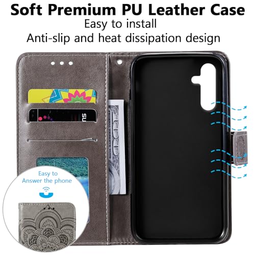 EYZUTAK Case for Samsung Galaxy A17 5G/A26 5G, Premium Leather Magnetic Closure Flip Wallet Phone Case with Card Holder Cash Slots Kickstand Embossed Mandala Flower Shockproof Lanyard Cover - Gray - color: Gray, size: Samsung Galaxy A17 5G/A26 5G