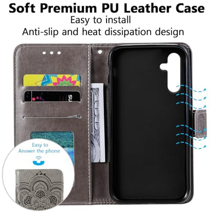 EYZUTAK Case for Samsung Galaxy A17 5G/A26 5G, Premium Leather Magnetic Closure Flip Wallet Phone Case with Card Holder Cash Slots Kickstand Embossed Mandala Flower Shockproof Lanyard Cover - Gray - color: Gray, size: Samsung Galaxy A17 5G/A26 5G