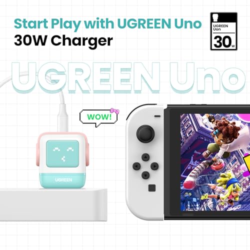 UGREEN Uno 30W USB C Charger, Compact Robot GaN Fast Charging Block, Green - color: Pink Blue