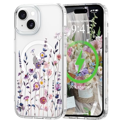 for iPhone 15 Plus Case Flower Clear Magnetic Floral,Muticolor | [Compatible with Magsafe], Cute Flower Girls Women Clear Case Silicone Shockproof Protective Cover with Pretty Floral Pattern - color: Muticolor, size: iPhone 15 Plus
