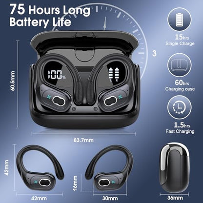 Wireless Earbuds 75H Bluetooth 5.4 Sport Headphones with Earhooks, Black - color: Black