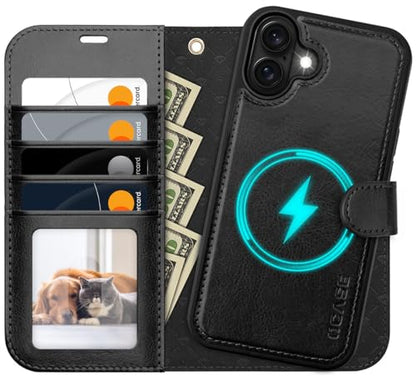 OCASE for iPhone 16 Plus Case Detachable Wallet Case with Card Holder, 2 in 1 Pu Leather Flip Folio with RFID Blocking Stand Wrist Strap Shockproof Phone Cover 6.7 Inch 2024, Black | Removable magnetic case, with hand strap, wireless charging, card slot,