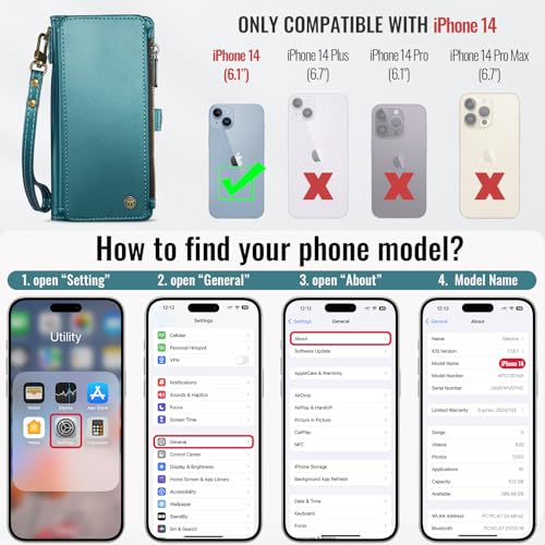 Defencase for iPhone 14 Wallet Case with RFID Blocking Card Holder, Green | Durable Soft PU Leather, with Zipper Pocket, Wrist Strap, Fashion Snap Flip Phone Cases Cover with Stand for Women and Men - color: Blue Green