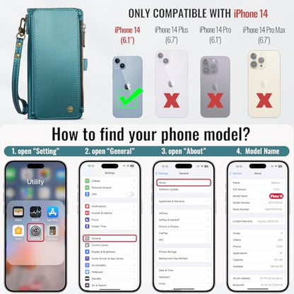 Defencase for iPhone 14 Wallet Case with RFID Blocking Card Holder, Green | Durable Soft PU Leather, with Zipper Pocket, Wrist Strap, Fashion Snap Flip Phone Cases Cover with Stand for Women and Men - color: Blue Green