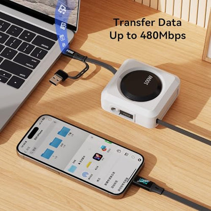 PZOZ Retractable USB C Cable, 100W PD Cord with LED Display & Organizer