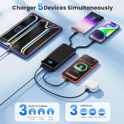 Portable Charger 40800mAh Power Bank,Built-in Cables,25W Fast Charging - color: Black