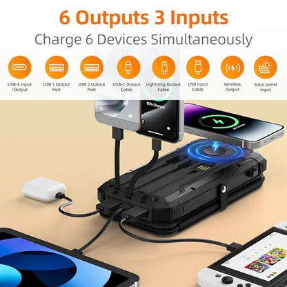 Solar Charger Power Bank Built-in 3 Cables and 4 Solar Panels, Portable Wireless Charger 10,000mAh, External Battery Pack with USB-C in/Output & Flashlight for Outdoor Camping - color: Black