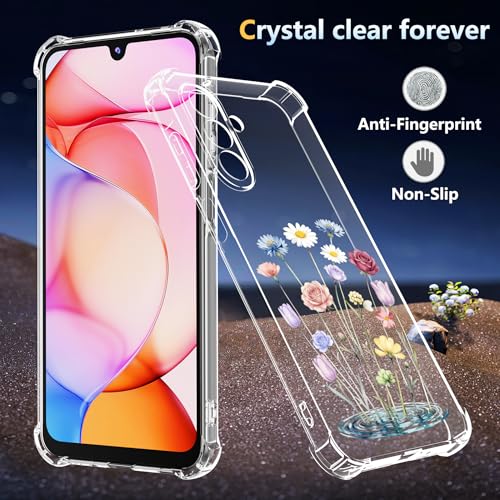 Phone Case for Samsung Galaxy A17 5G Case, Samsung A17 5G Case with Tempered Glass Screen Protector, Soft Flexible TPU Slim Fit Shockproof Phone Cover for Women Men Girl Boy (Clear-Flower) - color: Clear-Flower