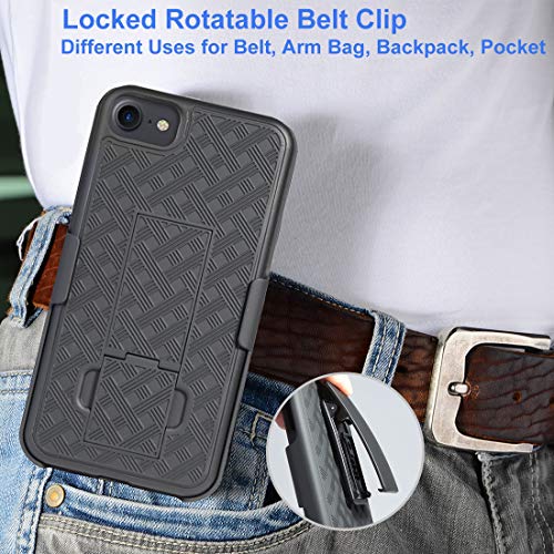 for iPhone SE 2022/2020 Case Belt Clip, iPhone 7/8 Holster-Black | Screen Protector, Swivel Stand Holder, Slim Shell Slide Pouch Full Body Drop Protective, Shockproof Outdoor Cell Phone Cover - size: iPhone SE 2022