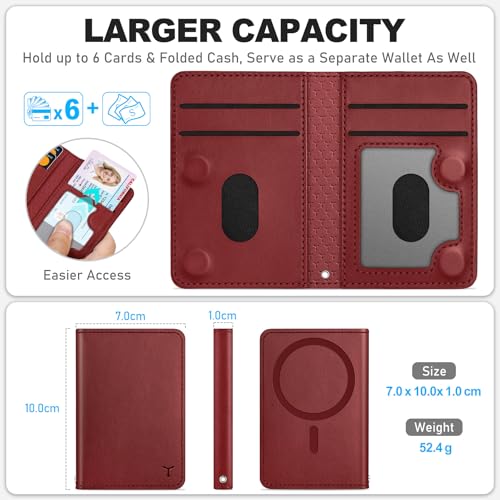 TUCCH for Magsafe Wallet, 6 Card Holders with RFID Blocking, Dark Red | for iPhone 17/17e/16/15/14/13/12 Pro/Pro Max/Plus, Clear ID Window, Magnetic Closure, PU Leather - color: Dark Red