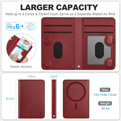 TUCCH for Magsafe Wallet, 6 Card Holders with RFID Blocking, Dark Red | for iPhone 17/17e/16/15/14/13/12 Pro/Pro Max/Plus, Clear ID Window, Magnetic Closure, PU Leather - color: Dark Red