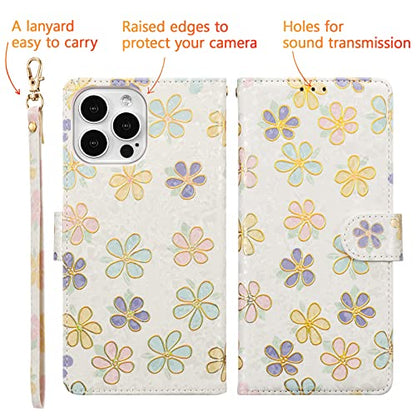 UEEBAI Wallet Case for iPhone 13 Pro Max, PU Leather Phone Cover Kickstand RFID Blocking Flip Case Card Slots Wrist Strap Relief Engraved Pattern Magnetic Closure Flower Folio Wallet, White Daisy - color: White Daisy, size: iPhone 13 Pro Max