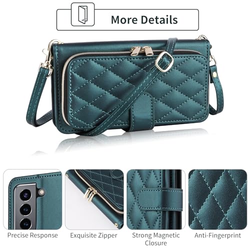 Wallet Case for Samsung Galaxy S21 5G 6.2 inch with Wrist Strap, 9+ Card Slots Zipper Purse, Luxury PU Leather Stand Full Body Accessories Cell Phone Cover for S 21 21S G5 Women Girls Green | Girls, Wrist/Shoulder Strap, 9+ Card Slots Zipper Purse, Luxury