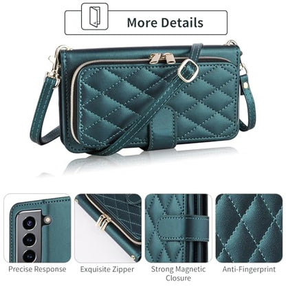 Wallet Case for Samsung Galaxy S22 5G with Detachable Wrist Strap, 9+ Card Slots Zipper Purse, Luxury PU Leather Stand Full Body Cell Phone Cover for S 22 22S 4G G5 6.1 inch Women Girls Green | Wrist/Shoulder Strap, 9+ Card Slots Purse, Luxury PU Leather,